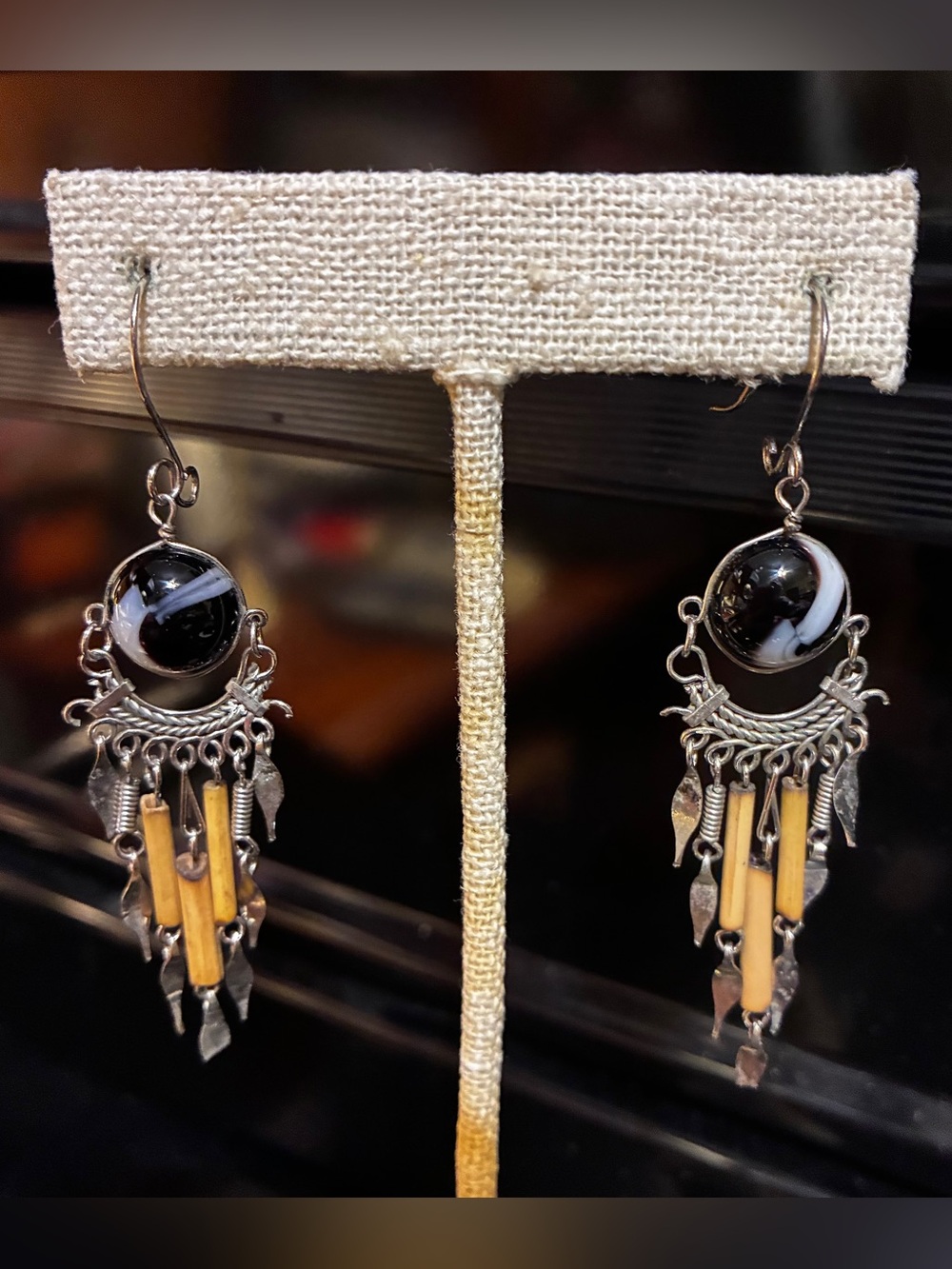 Bohemian Black & White Dangle Earrings - Unbranded